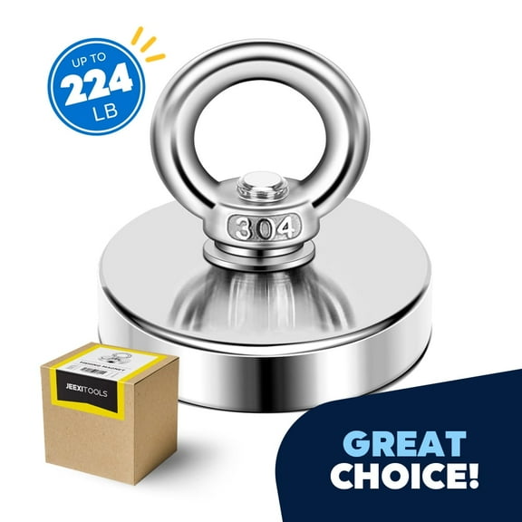 Fishing Magnet Up to 224LB , Powerful Neodymium Rare Earth Magnet with Lifting Eye-Bolt Ideal for Retrieving in Lake, Fishing Magnet Super Strong Retrieving Treasure Hunt Super Pull Force