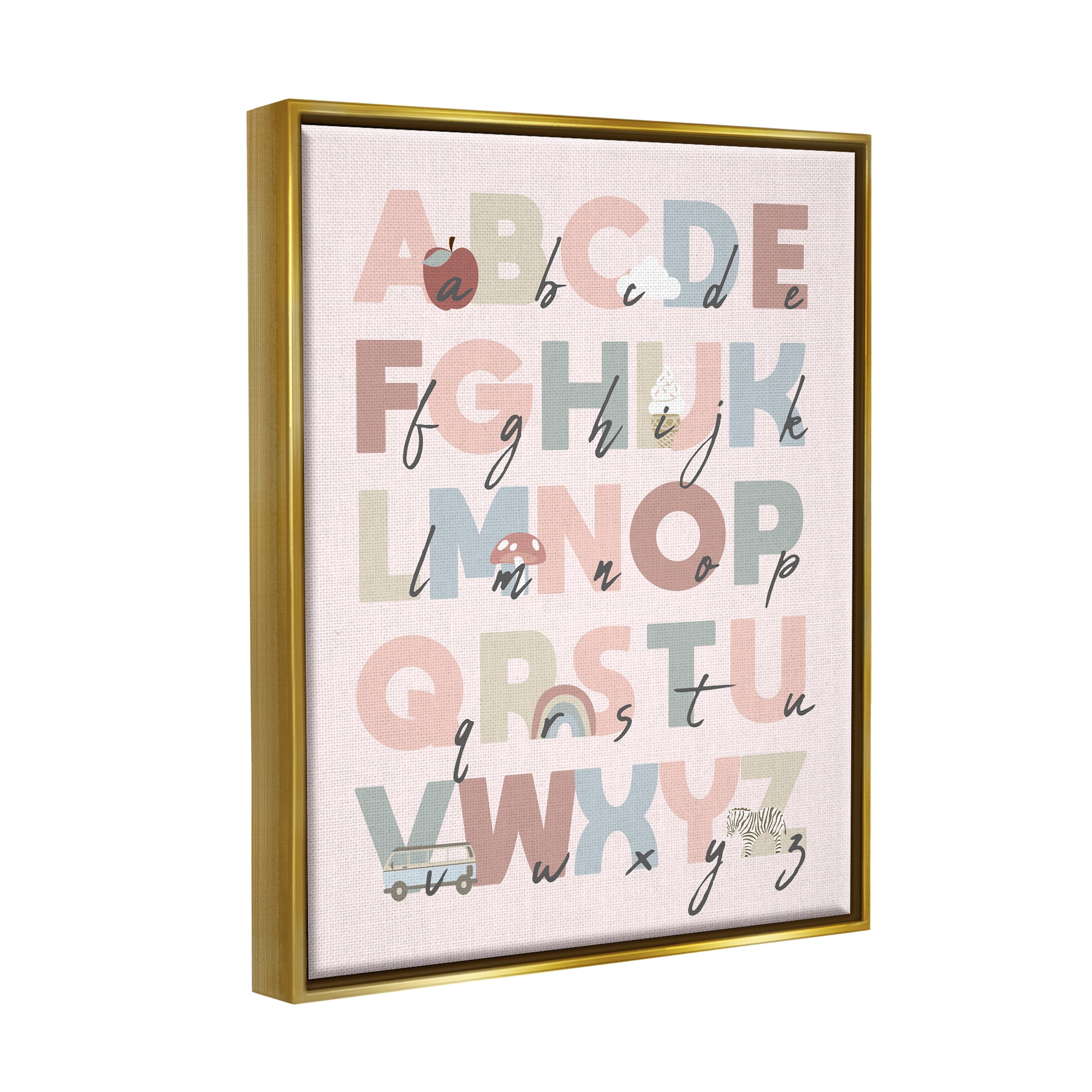 Stupell Industries Pink Pastel Alphabet Chart Botanical & Floral Painting Gold Floater Framed Canvas Art Print Wall Art, 25 x 31