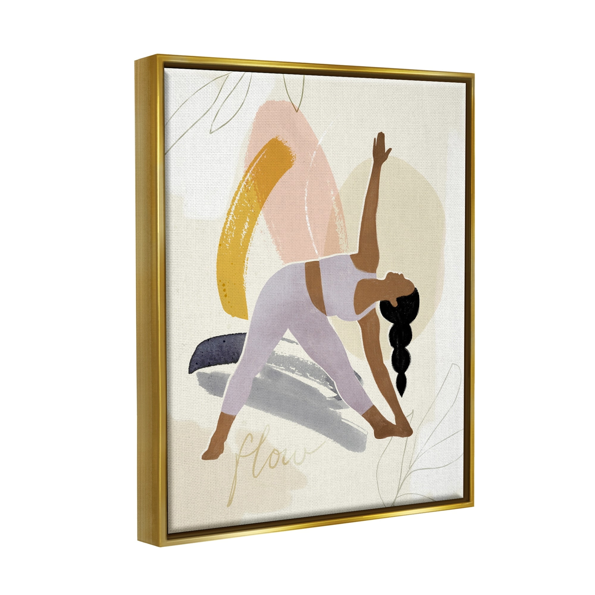 Stupell Industries Flow Yoga Text Plant Pattern Person Stretching Metallic Gold Framed Floating Canvas Wall Art, 24x30, by Victoria Barnes
