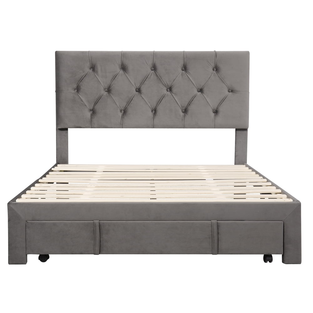 Full Size Upholstered Bed Frame, Platform Bed Frame with Storage Drawers, Full Size Bed Include Velvet Headboard Wingback and Strong Wood Slats Support, No Box Spring Needed, Gray