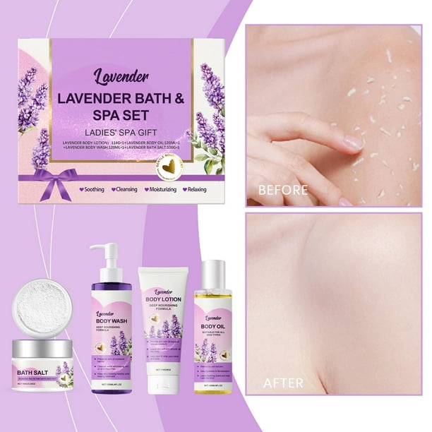 Regalos de spa para mujeres Bath Spa Gift Basket Set | Relajación y alivio del estrés | Incluye gel de baño, aceite de baño, sal de Epsom, loción corporal, vitamina E, lavanda Aromaterapia | 342 ml