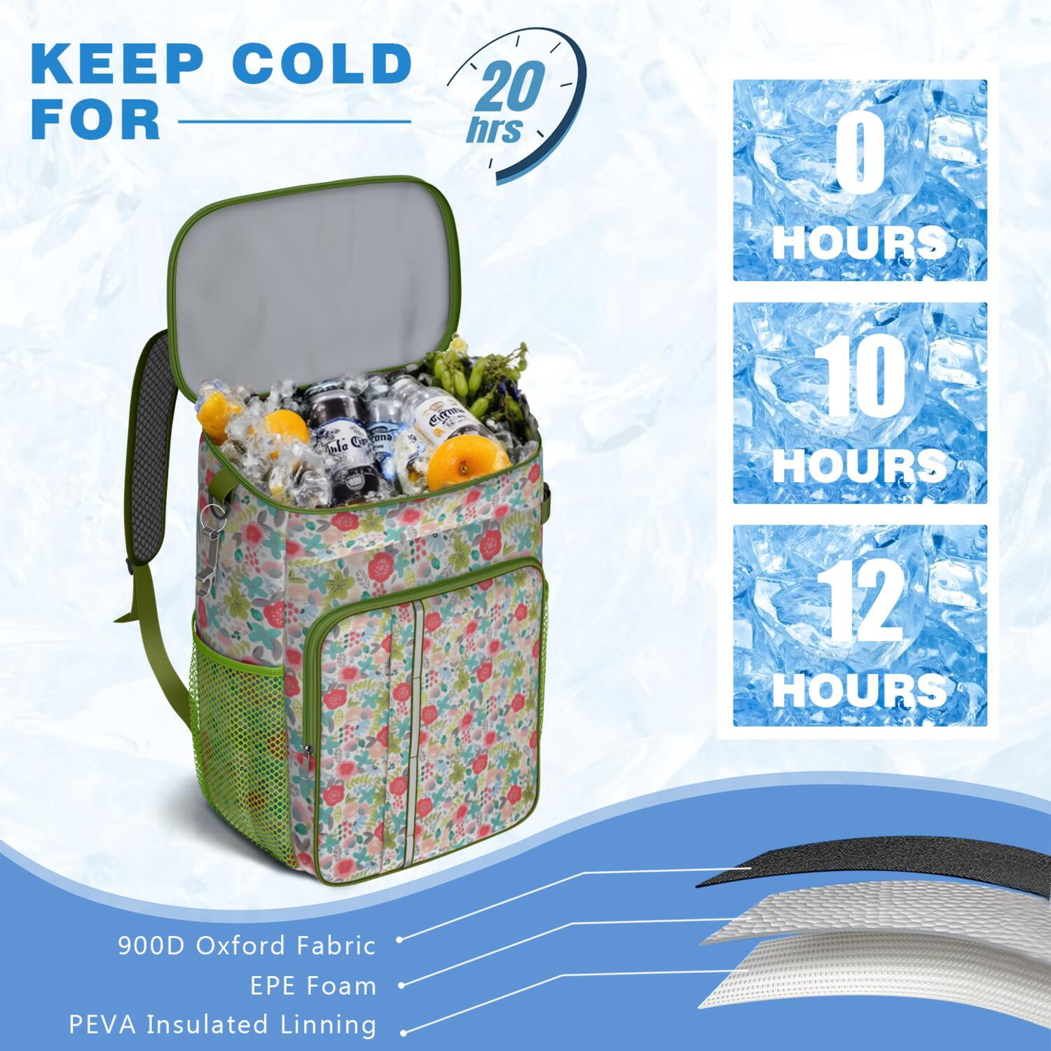 Travel Cooler Bag - Pioneer Flower Floral Print Pattern Camping Beer Cooler Backpack with Bottle Opener- Waterproof Insulated Picnic Backpacks - Cooler Bag for Beach