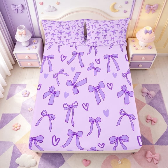 Manfei Kawaii Bow Knot Fitted Sheet Full,Purple Dreamy Bowtie Bed Set,3-Piece,1 Fitted Sheet and 2 Pillowcases