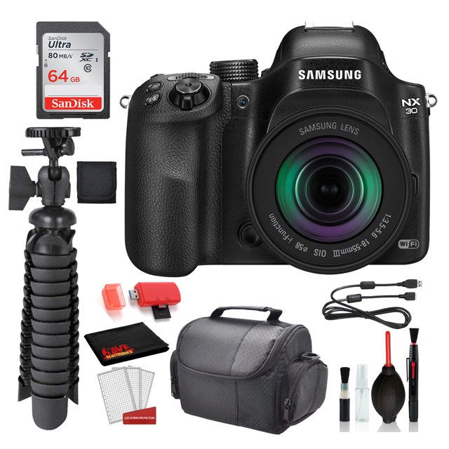Samsung Cámara Digital sin Espejo NX30 con Lente 18-55 Mm f/3.5-5.6 OIS Paquete Esencial -Sandisk 64gb Micro SD + Más