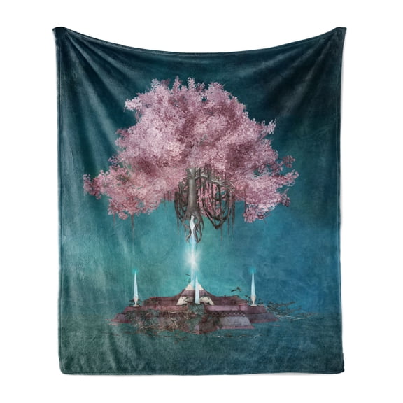Magic Soft Flannel Fleece Throw Blanket, Blossom Plant Hanging in Air Rootless Free Plant Supernatural Image, Cozy Plush for Indoor and Outdoor Use, 70" x 90", Lilac Petrol Blue, by Ambesonne