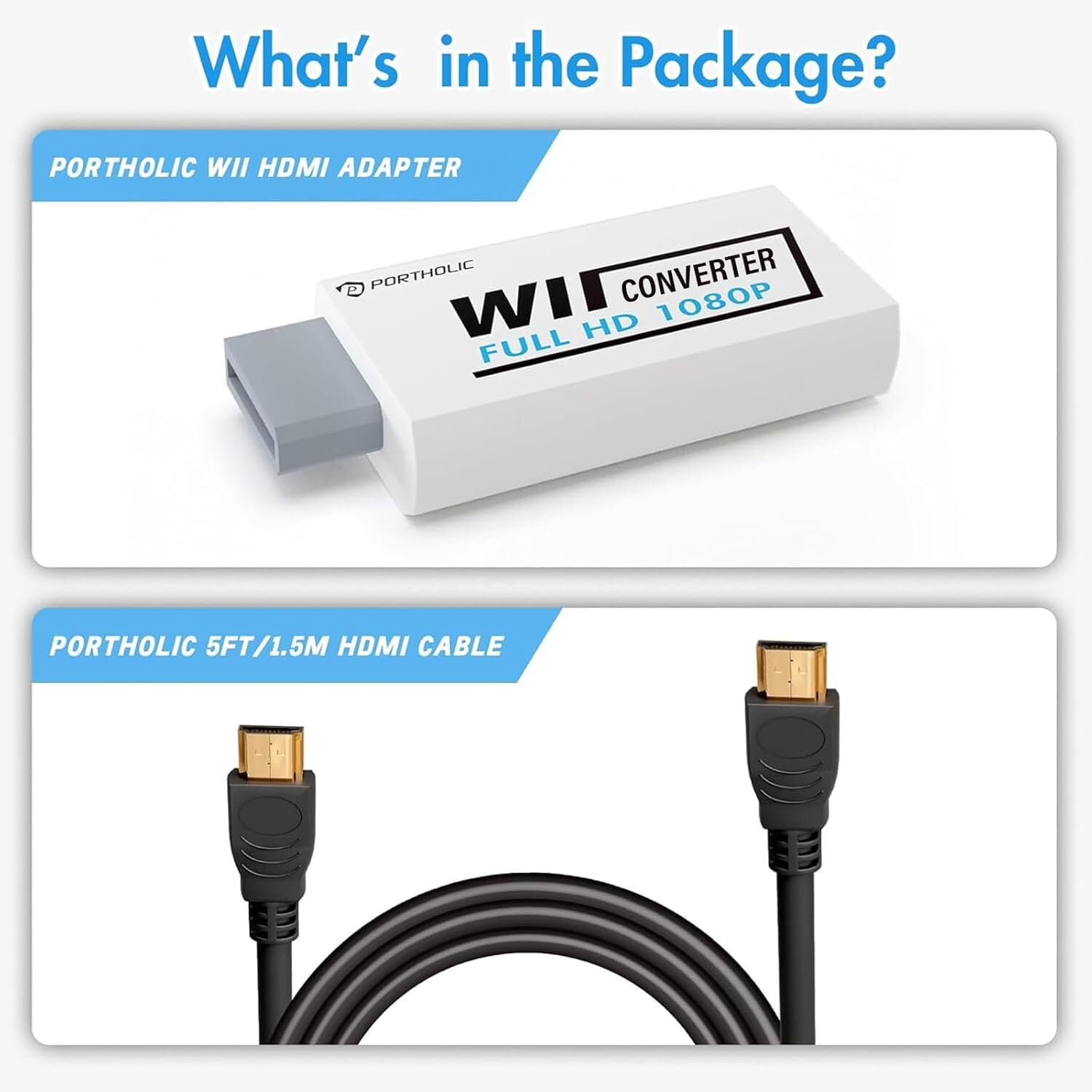Wii to HDMI Converter , PORTHOLIC 1080P Wii2 HMDI Adapter with Cable for Nintendo Wii, Wii U, HDTV, Monitor
