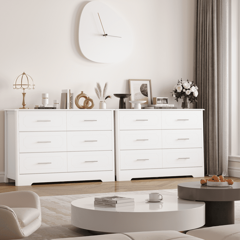 Homfa 6 Drawer Horizontal Dresser with Silver Handles, White Sturdy Double  Dresser Chest for Bedroom