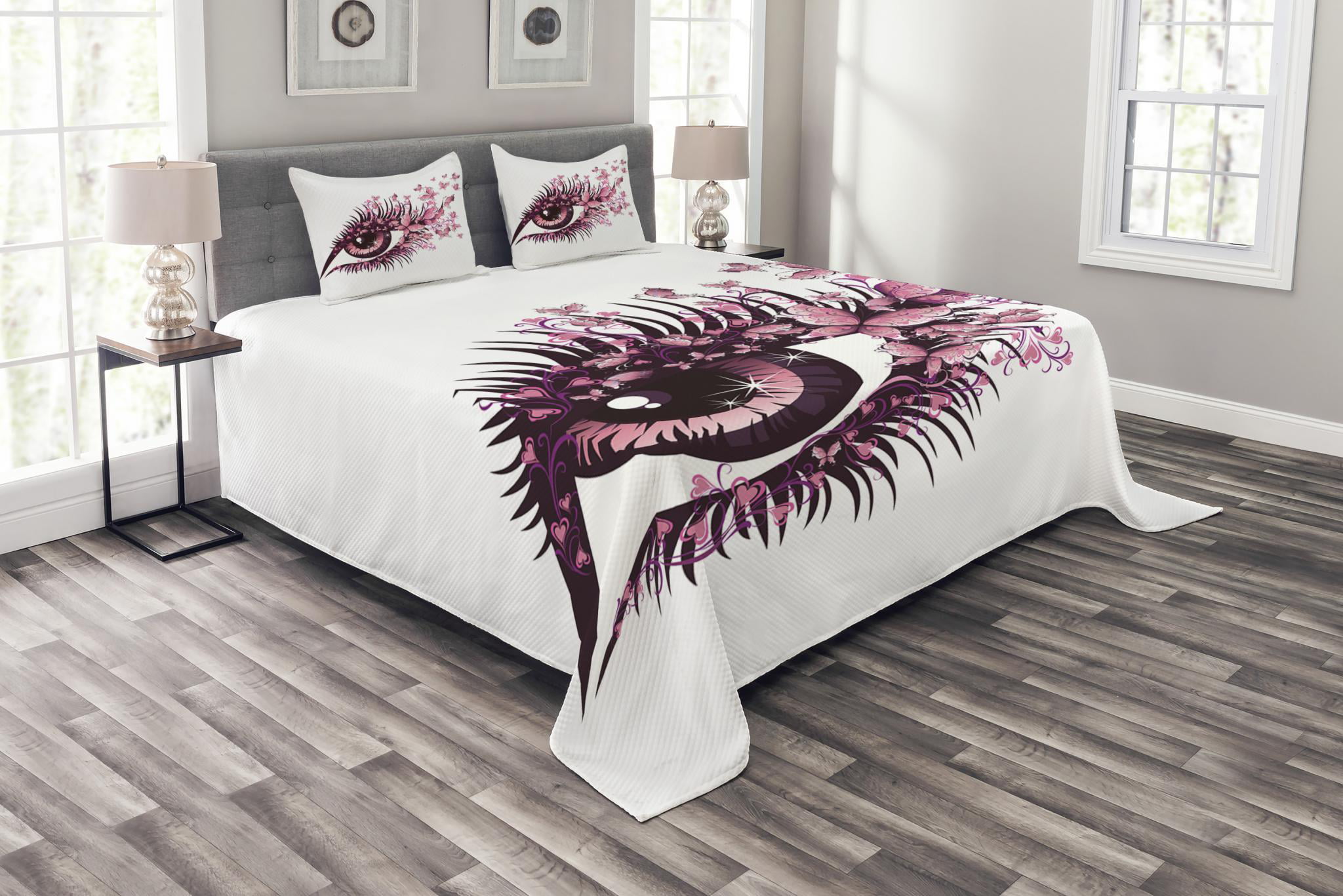 Fairy Woman Eyelashes Print Butterfly Quilted Bedspread & Pillow Shams Set 