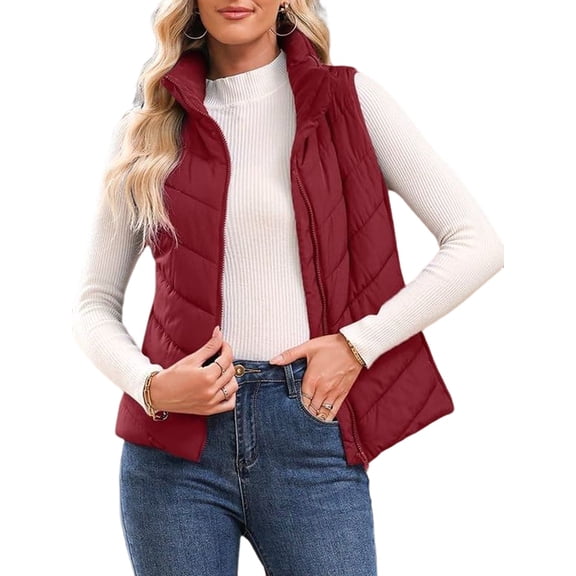 Puffer Vest Women Sleeveless Zip Up Outerwear Stand Collar Quilted Vest Warm Winter Jackets Coats with Pocket Red M