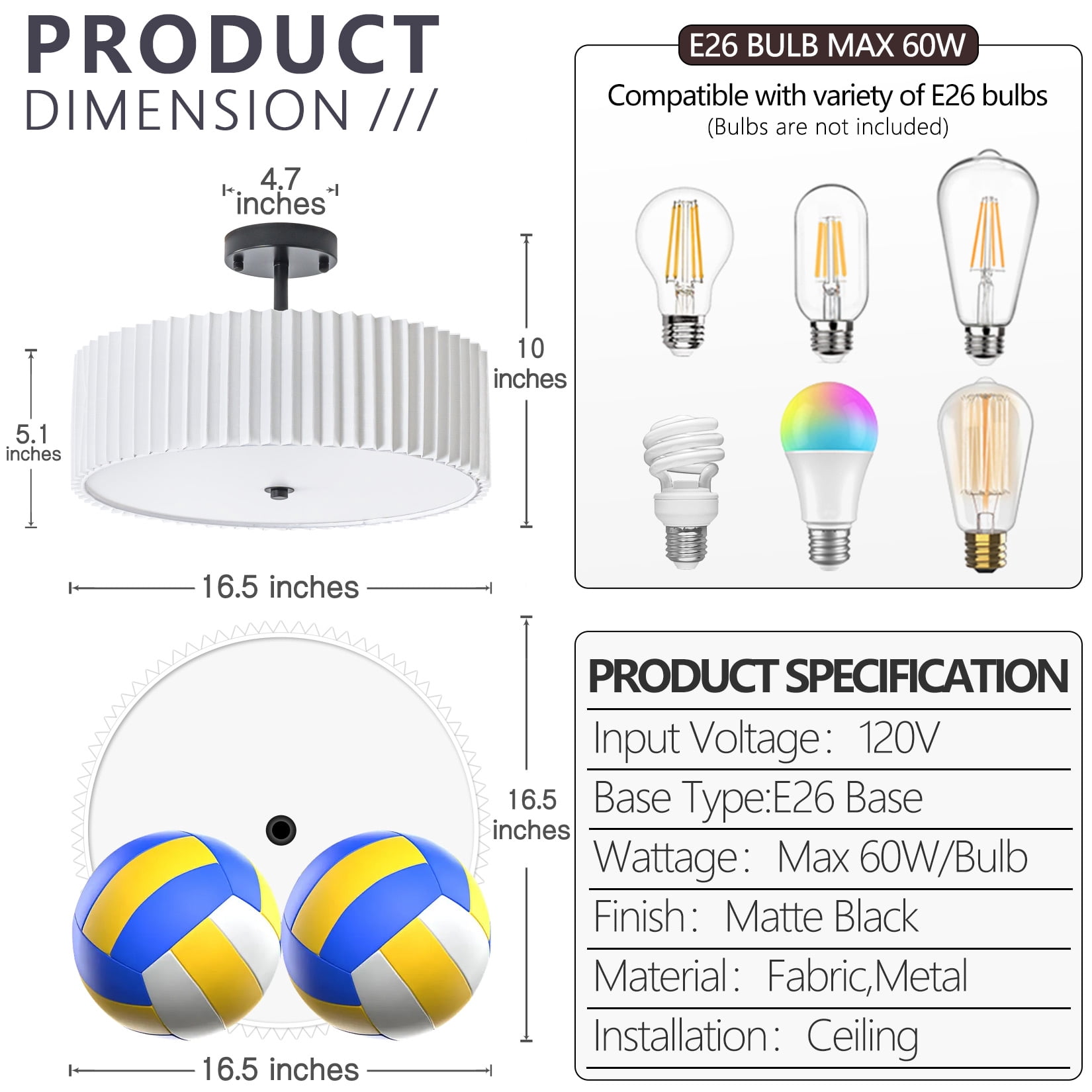 BESTOMINE 16.5 Inch Semi Flush Mount Ceiling Light,3 Light Modern Black Ceiling Light Fixture with Pleated Fabric Shade,Flush Mount Light Fixture for Bedroom,Living Room,Hallway,Dining Room