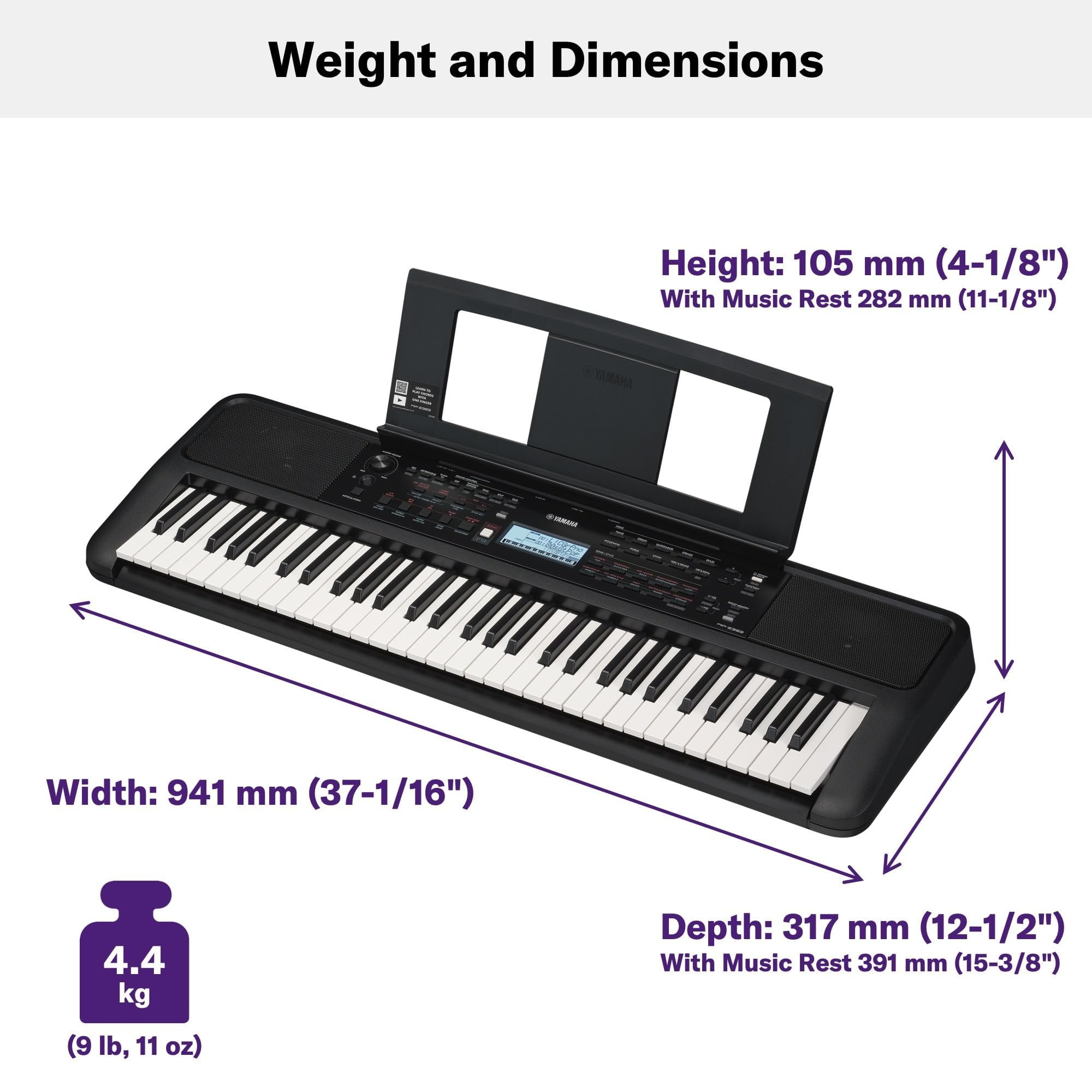 Yamaha PSRE383 61-Key Portable Electronic Piano with Power Adapter, Black