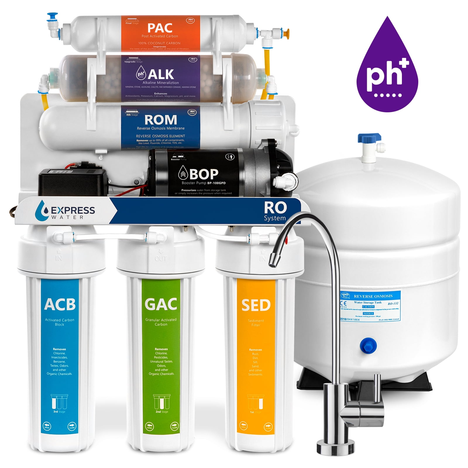 Express Water Reverse Osmosis Alkaline Filter System w/ Booster Pump 100 GPD ROALK10MPU