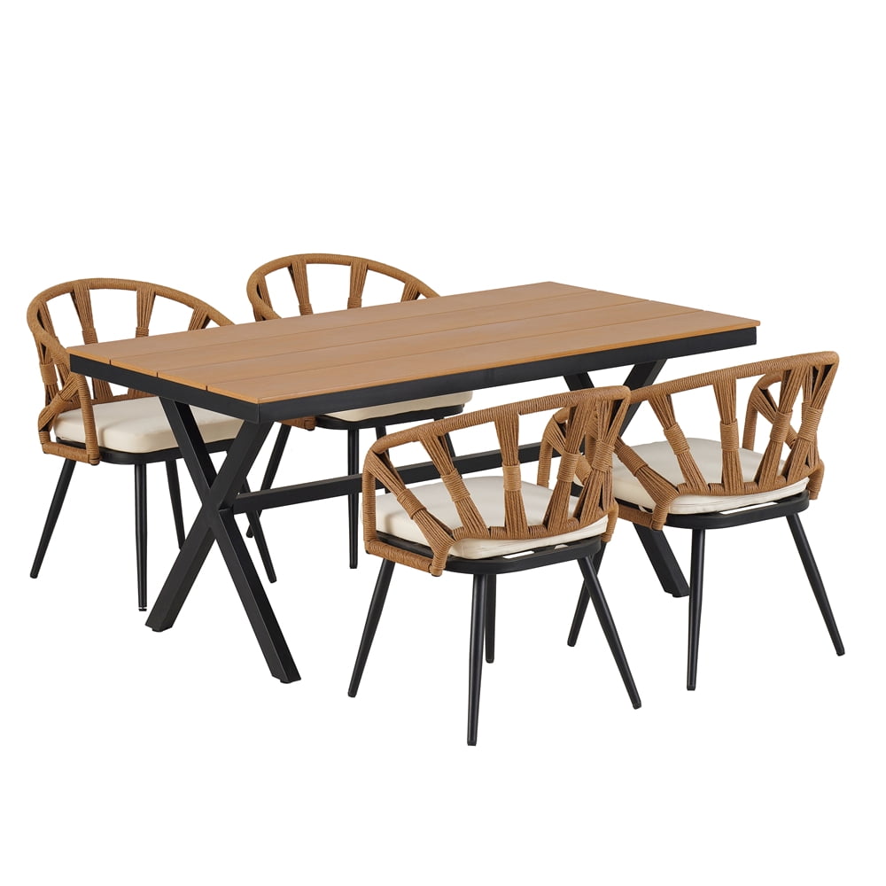 5 Pieces Outdoor Patio Dining Set, Outdoor Contemporary Acacia Wood Table and Chairs Set for Garden & Poolside, Yellow