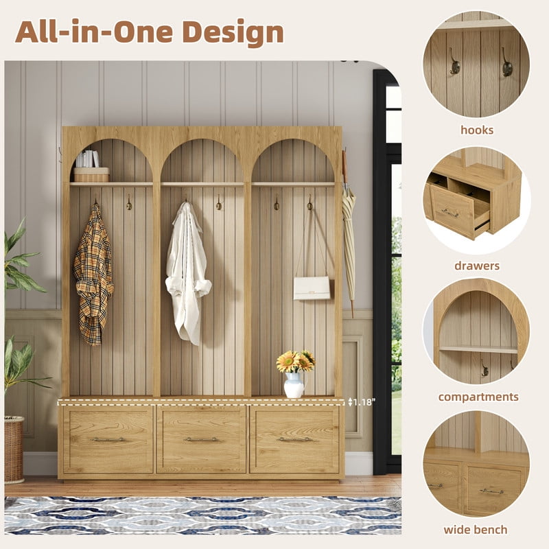 Farmhouse Arched Design Hall Tree with Retro Hooks, Entryway Seating Bench with 3 Storage Drawers, Elegant Coat Rack for Living Room
