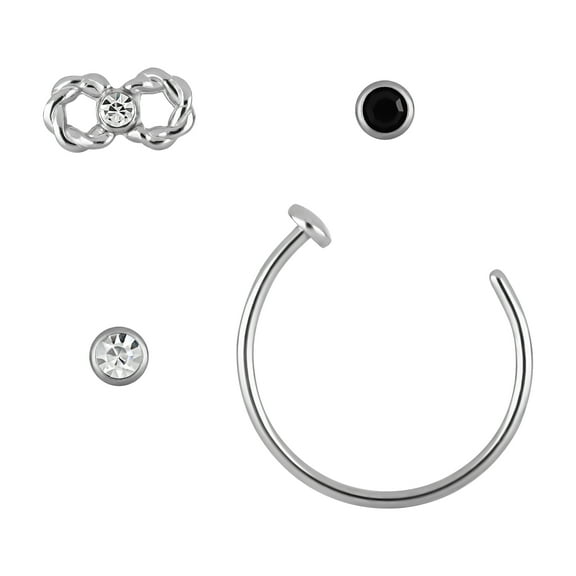 Adult Women's Body Jewelry 22 Gauge Multi Shape Stainless Steel & Crystal Nose Ring, 4 Pack