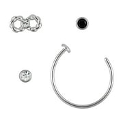 Adult Womens Body Jewelry 22 Gauge Multi Shape Stainless Steel & Crystal Nose Ring, 4 Pack