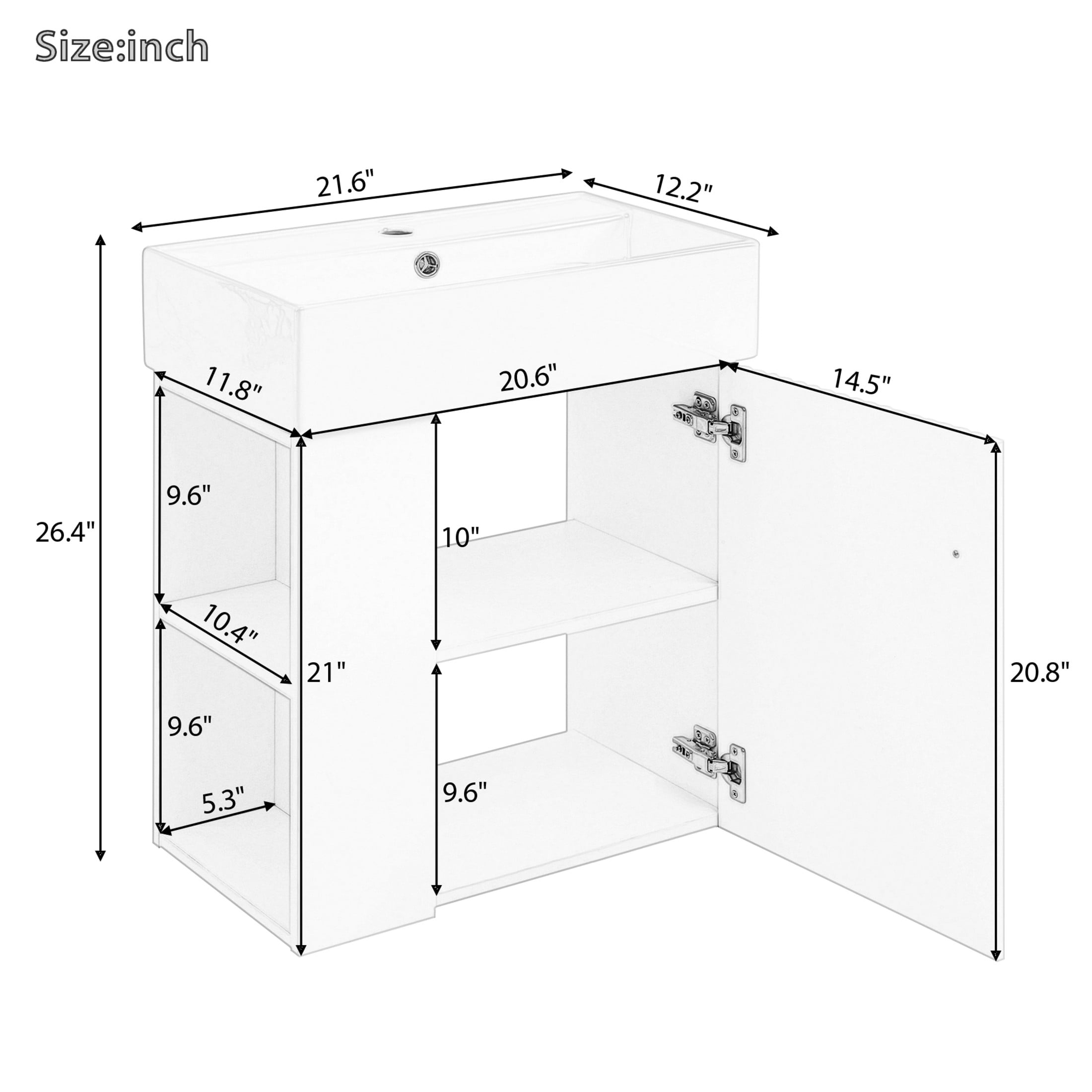 Noble House 21.6" Floating Bathroom Vanity with Ceramic Sink, Left Side Storage, Wave Door & Black Handle, Gray