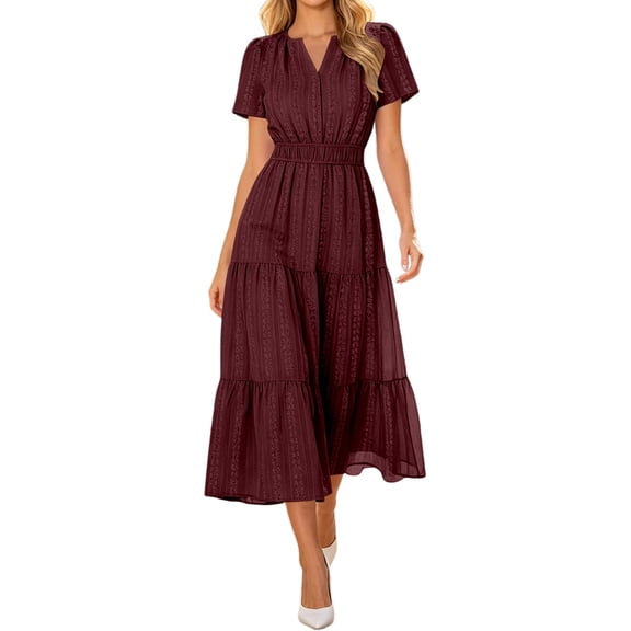 Bysome Women Dresses Solid Color Short Sleeve V-Neck Pleated Flowy Dress Summer Fashion Women Dress Size L Brown