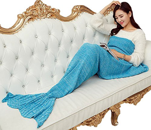Blue Zerowin Girls Blanket Mermaid Tail Knitted Blanket Sleeping Bag L55W27.5inches 