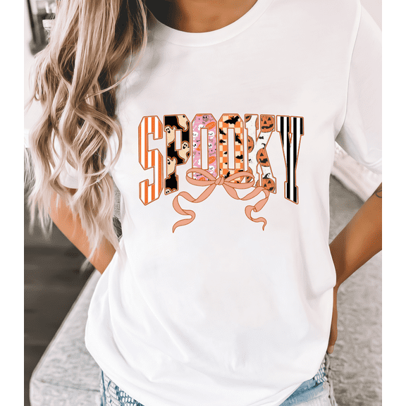 Women’s Halloween Spooky Letter Tee Pumpkin Bat Graphic Shirt S-4XL