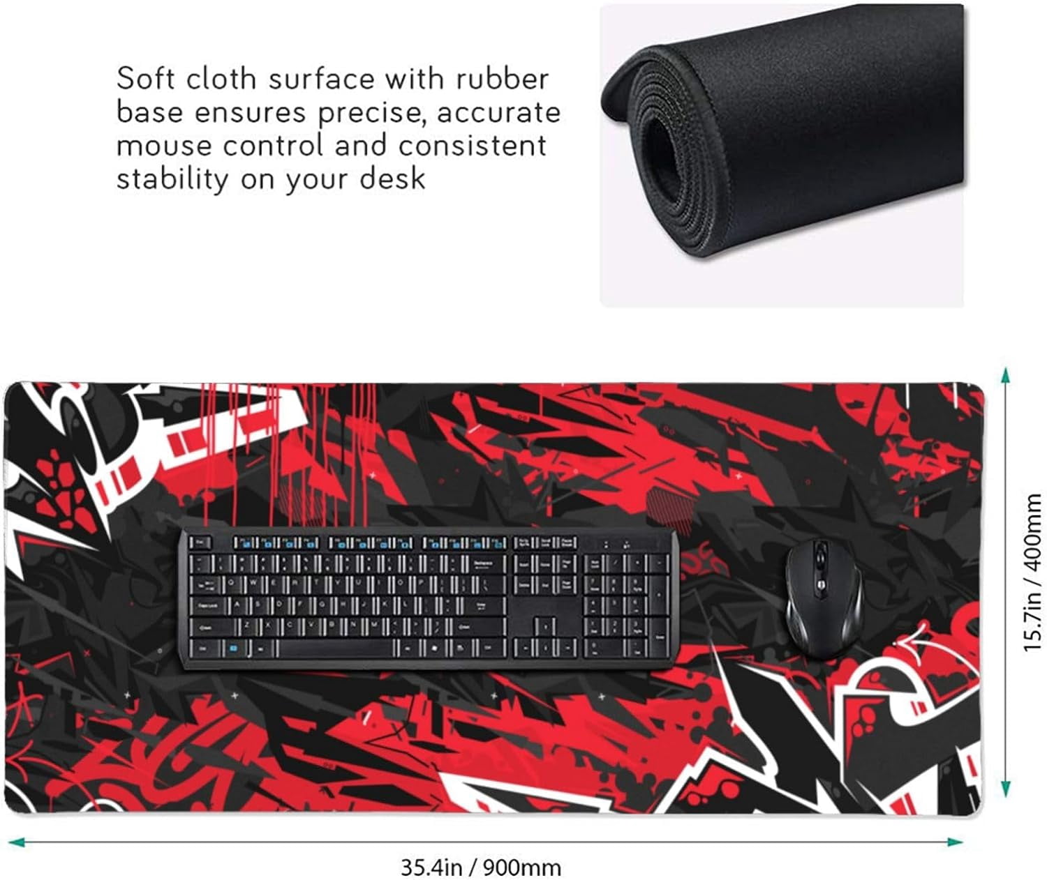 Red Black Gaming Mouse Pad Desk Pad XXL 35.4×15.7 Inch Abstract Graffiti Geometric Cool Extended Mousepad 40X90cm with Non-Slip Rubber Base Stitched Edge Large Desk Mat for Gamer Office Home Work
