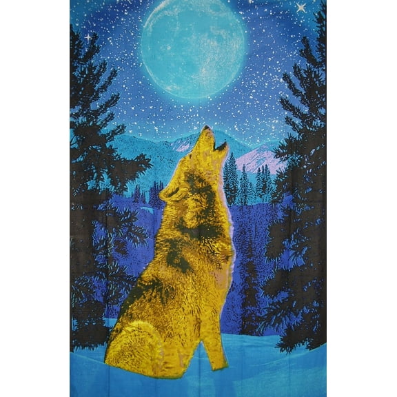 3-D Howling Wolf Glow-in-the-Dark Print Cotton Wall Hanging 90" x 60" Single Blue with FREE 3-D Glasses