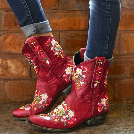 

Christmas Cowboy Boots For Women Cowgirls Boots Embroidered Retro Shoes Ankle Boots