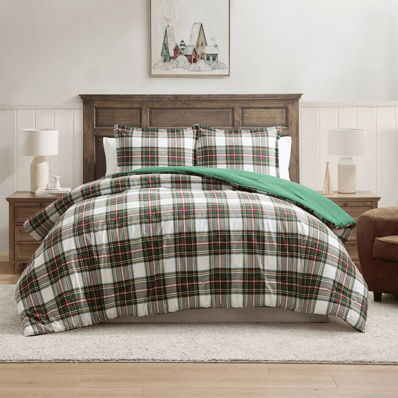 Queen Plaid Flannel Comforter Set 3 Piece Cotton Bedding Set White
