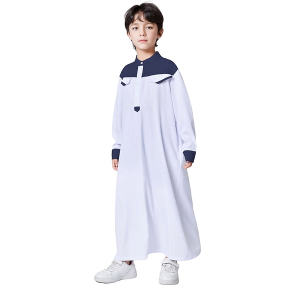Toddler Boys Kids Arabic Thobe Muslim Thobe Long Sleeve Kaftan Stand Collar Robe With Button Up Blue,4-5T