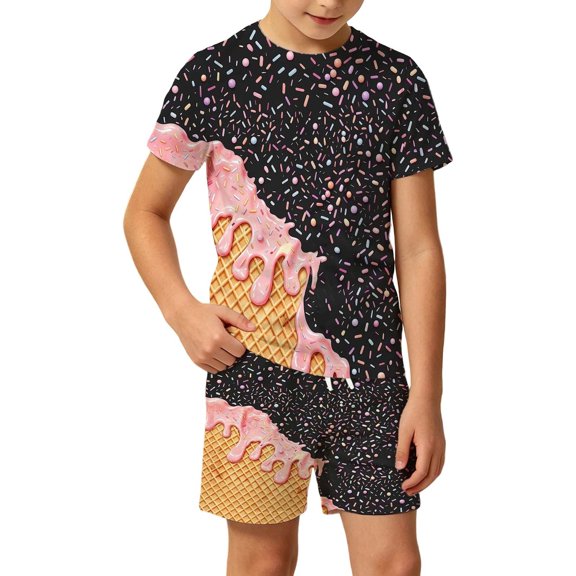 BOOMNY Boys 2 Peice Clothes Set Ice Cream Graphic Long Sleeve Tshirts Shorts Outfits for Kids Comfy Clothing Set