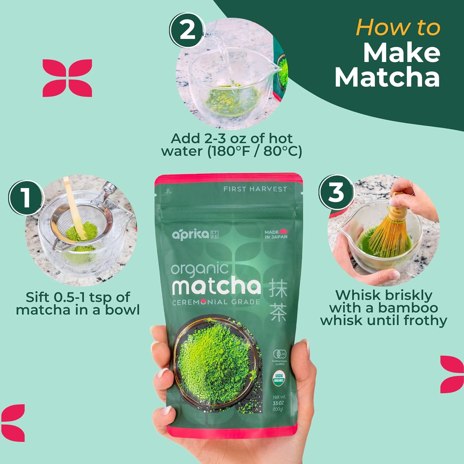 Aprika Life Japanese Ceremonial Matcha Green Tea Powder - USDA & JAS Organic - Premium, First Harvest from Japan - 100g / 3.5 oz