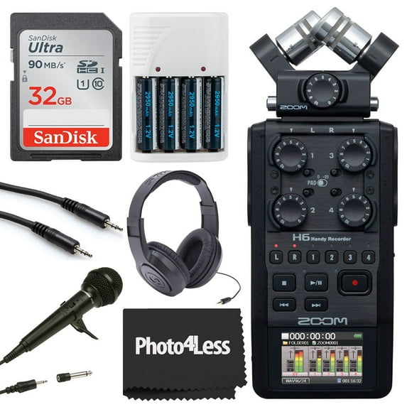Zoom H6 All Black 6-Input /6-Track Portable Handy Recorder with Single Mic Capsule (Black) + 32GB Memory Card + Samson SR350 Stereo Headphones + Dynamic Handheld Microphone + 4 AA Batteries + Charger