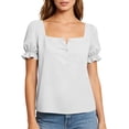 thumbnail image 2 of ClodeEU Women's Square Neck Puff Sleeve Button Blouse,Casual Short Sleeve Top for Summer White,Women's Plus M, 2 of 8