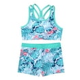 thumbnail image 4 of YUUMIN Kids Girls Camouflage Gymnastics Dance Swim 2 Pcs Outfit Racer Straps Crop Top with Shorts Swim Tankini Turquoise 16, 4 of 5