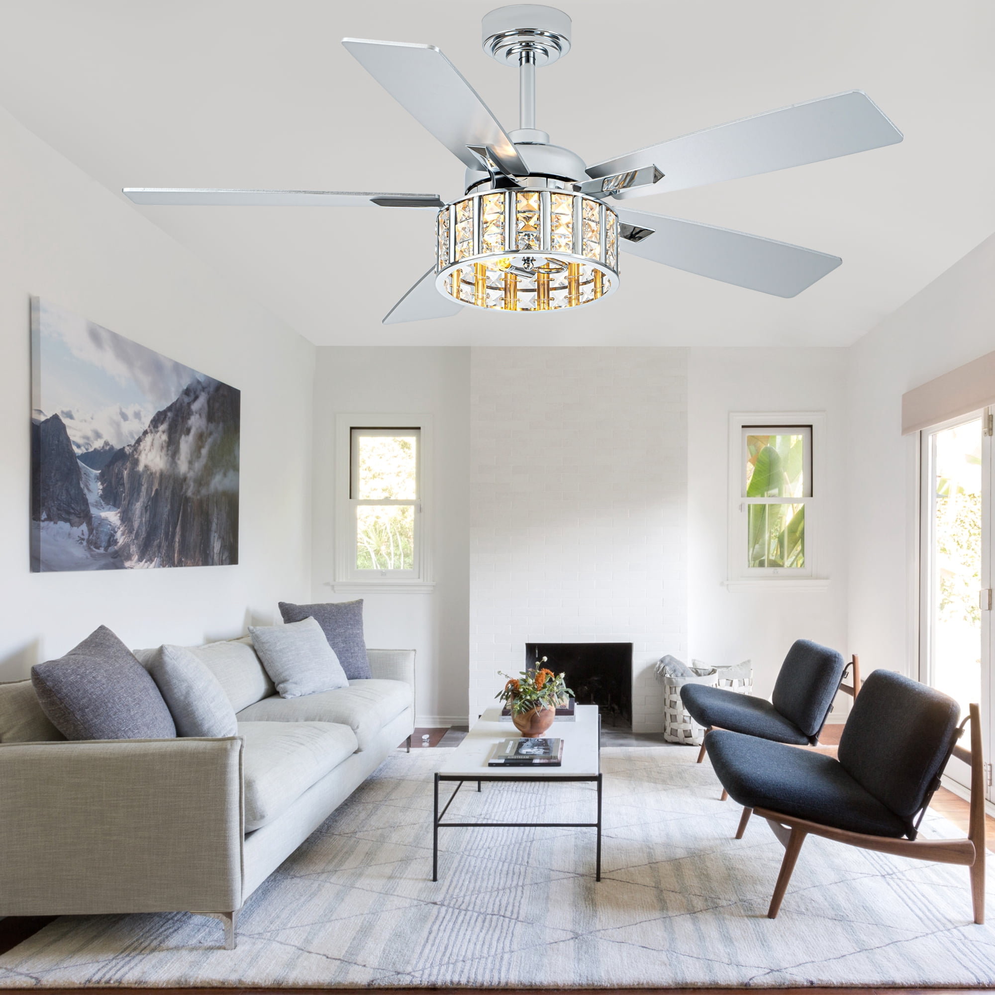 Bella Depot 52" Modern Silver Crystal Ceiling Fan 6-Speed Reversible with Light and Remote Control