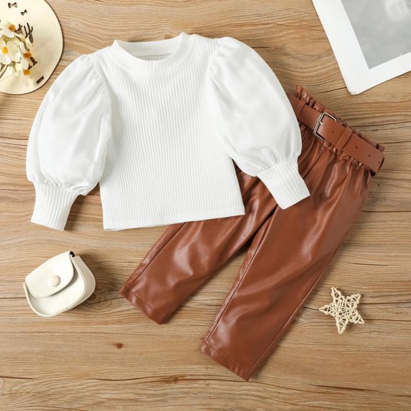 YWDJ Knit Bubble Long Sleeve Top Fashions Straight Leather Pants Set Warm And Cozy Suitable For 1~5 Years Old Age White 110CM