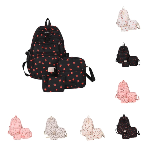 3pc Bow Backpack for Girls,Cute Backpack With Strawberry And Cherry Design,Large Capacity,Lightweight (Red)