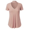 thumbnail image 1 of FashionOutfit Women's Solid Loose Fit Chocker Neck V-neck Cutout Short Sleeve Top, 1 of 3