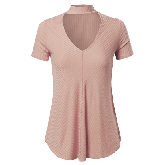 FashionOutfit Women's Solid Loose Fit Chocker Neck V-neck Cutout Short Sleeve Top