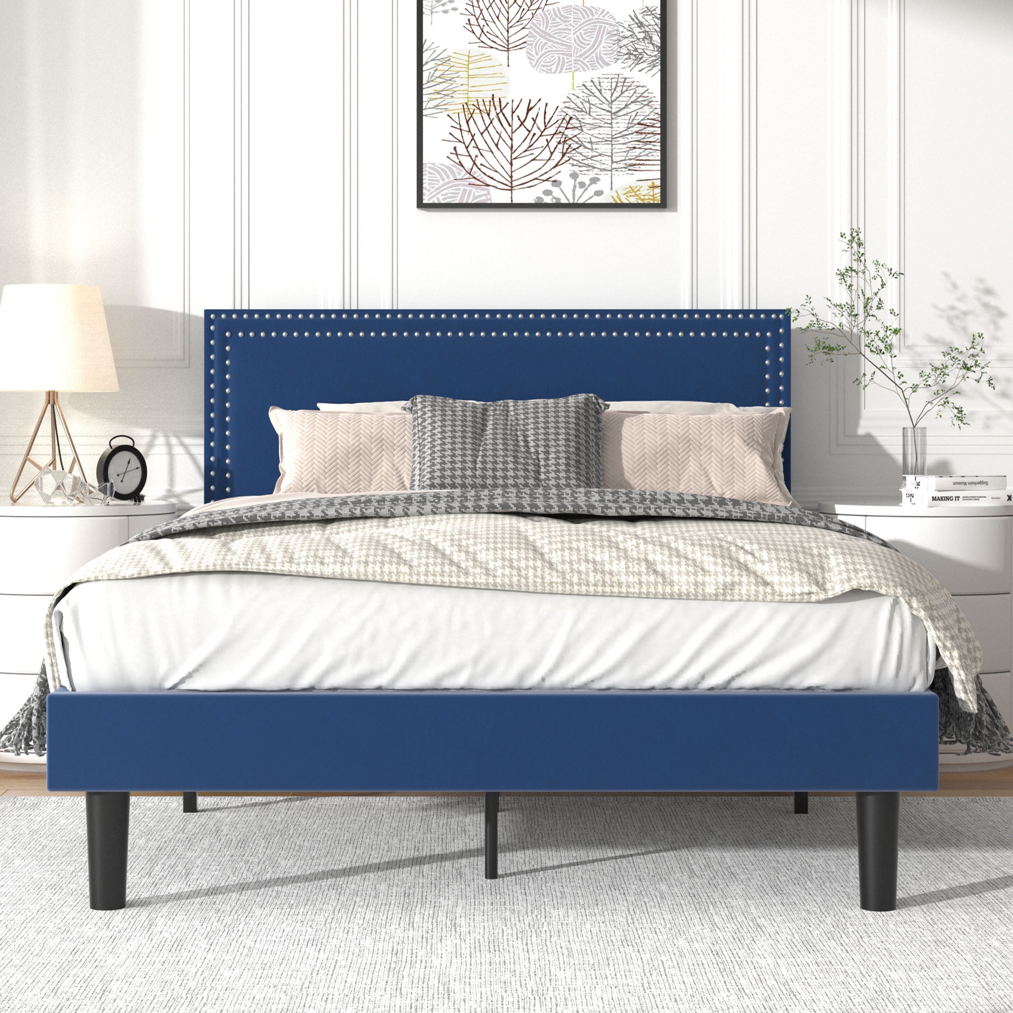 VECELO Full Size Platform Bed Frame with Adjustable Height Upholstered Headboard, Strong Wood Slat Support, No Box Spring Needed, Dark Blue