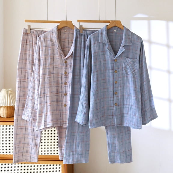 RYDCOT Mens Cotton Linen Pajama Set Long Sleeve, Button Down Plaid Pajama Set for Men Lightweight Men's Sleepwear Gray