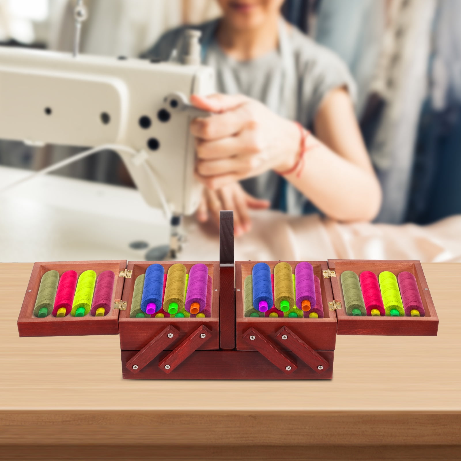 Threns Wood Sewing Basket with Handle Expandable Sewing Box Without Contents Multifunctional Craft Box for Home Travel and Emergency