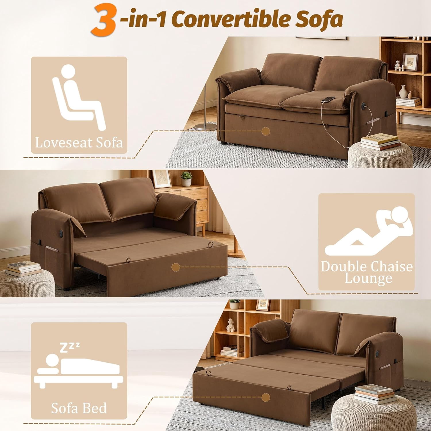63" Velvet Pull Out Couch, 3-in-1 Convertible Sleeper Sofa Bed with Adjustable Backrest, USB Charging Ports, Side Pockets, Modern Loveseat for Living Room, Bedroom, Apartment, Brown