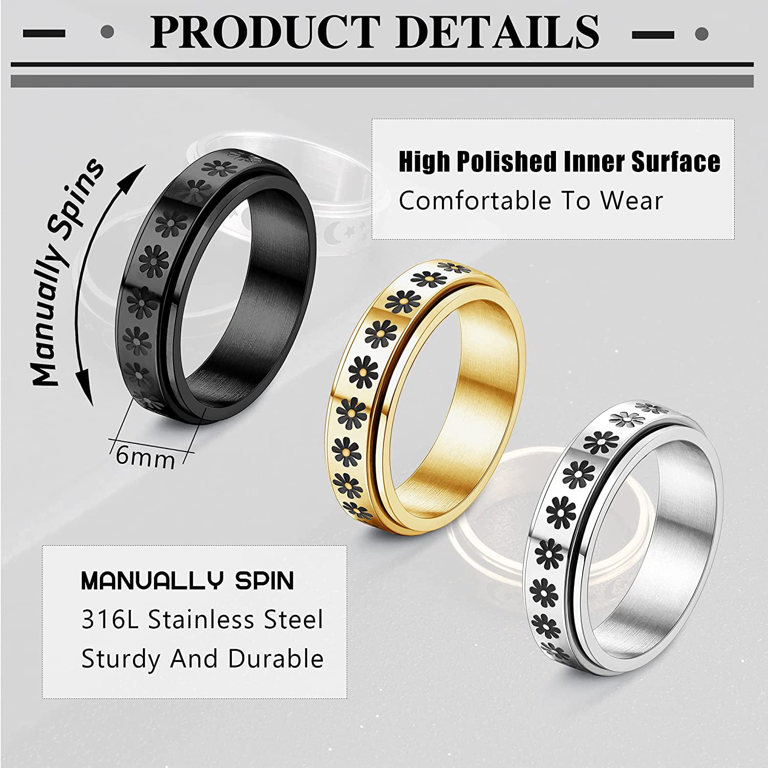Jstyle 8Pcs Stainless Steel Band Rings for Men Women Wedding Ring Cool Fidget Spinner Ring Brushed Greek Key/Chain/Celtic Dragon Pattern Anxiety Sress Relief Wedding Promise Black Ring Set 