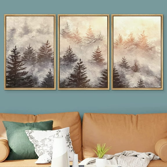 PixonSign Framed Wall Art Set Misty Pine Forest Mountain Golden Sunrise Nature Wilderness Modern Artwork Landscape Decor Contemporary Chic for Living Room, Office - 24"x36"x3 Panels Natural