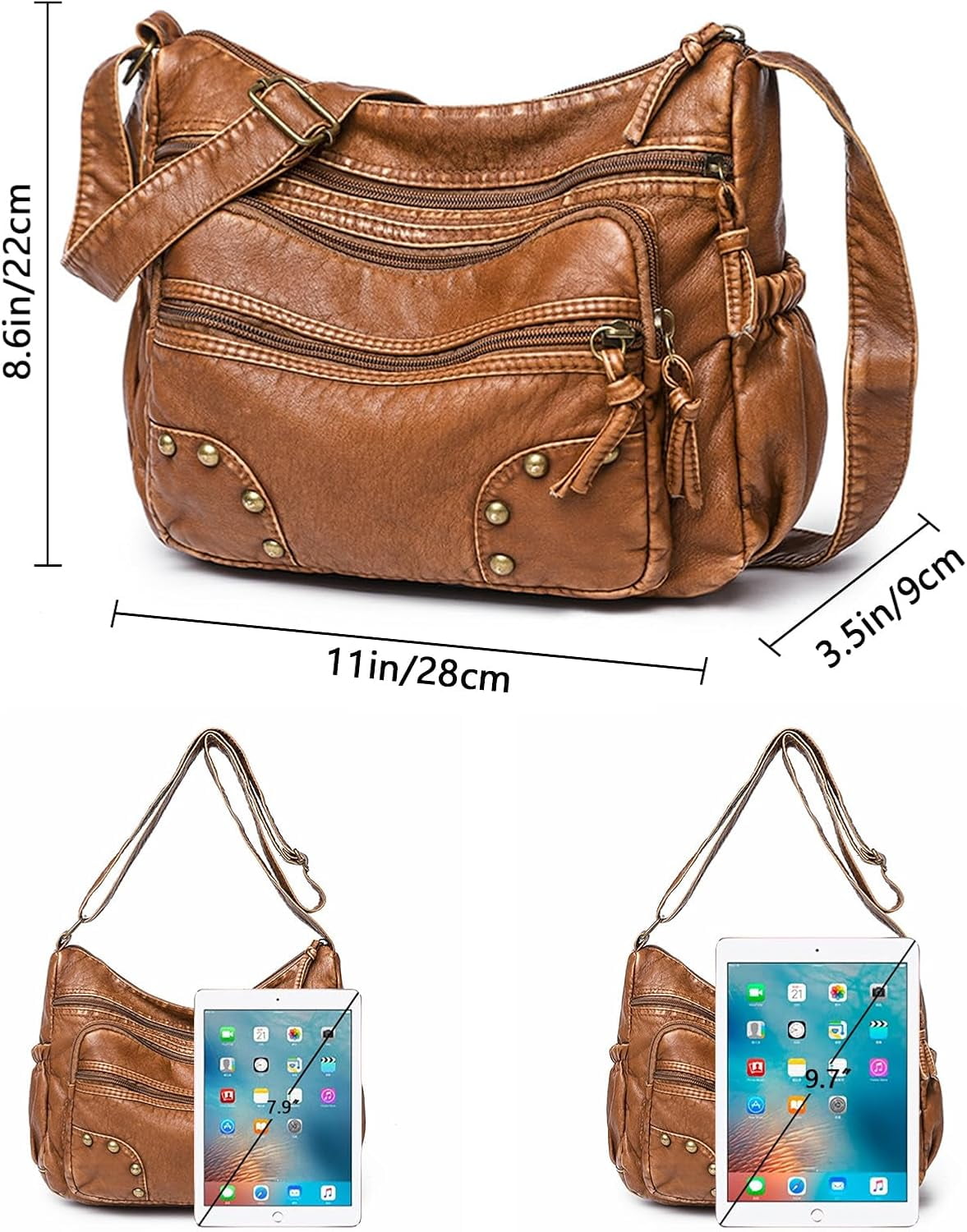 Lightweight Leather Multi-Pocket Shoulder Bag for Women - Retro Sling Medium Travel Purses