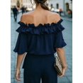 thumbnail image 6 of Women's Off Shoulder Ruffle Short Sleeve Chiffon Blouse Navy Blue XXL, 6 of 7