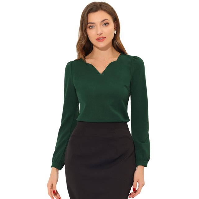 Blusa de trabajo elegante con cuello en forma de corazón y manga larga para mujer Verde oscuro S