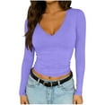 thumbnail image 3 of DxhmoneyHX Womens Long Sleeve Crop Tops Casual V Neck Going Out Low Cut Blouse Double Lined Slim Fitted Basic Tee, 3 of 10
