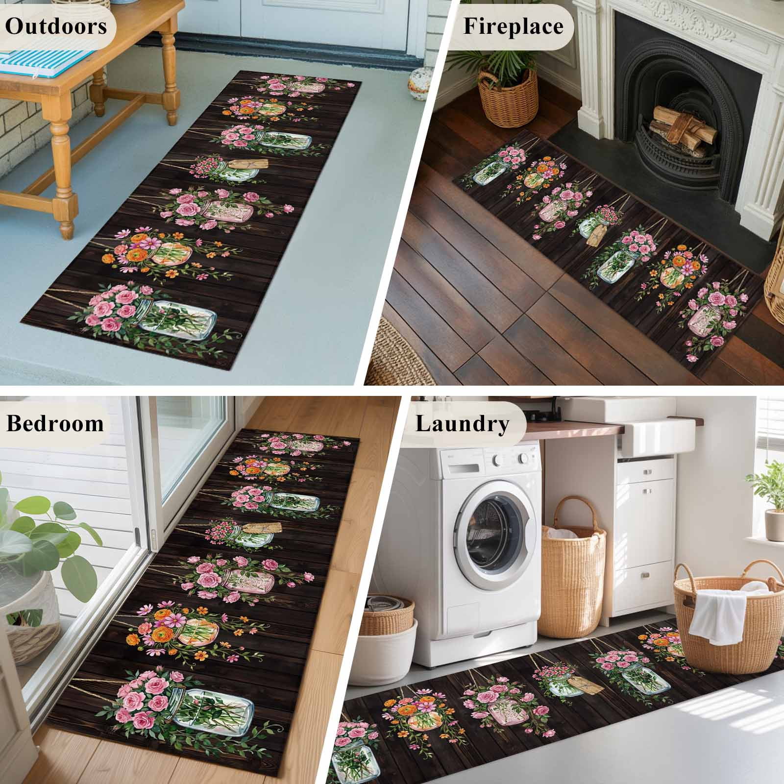 Pink Spring Floral 2'x6' Runner Rugs for Hallway Kitchen Bedside Non Slip Washable, Farmhouse Botanical Wooden Retro Art Entryway Rug Runners with Rubber Backing, Long Carpet Runner for Laundry Room